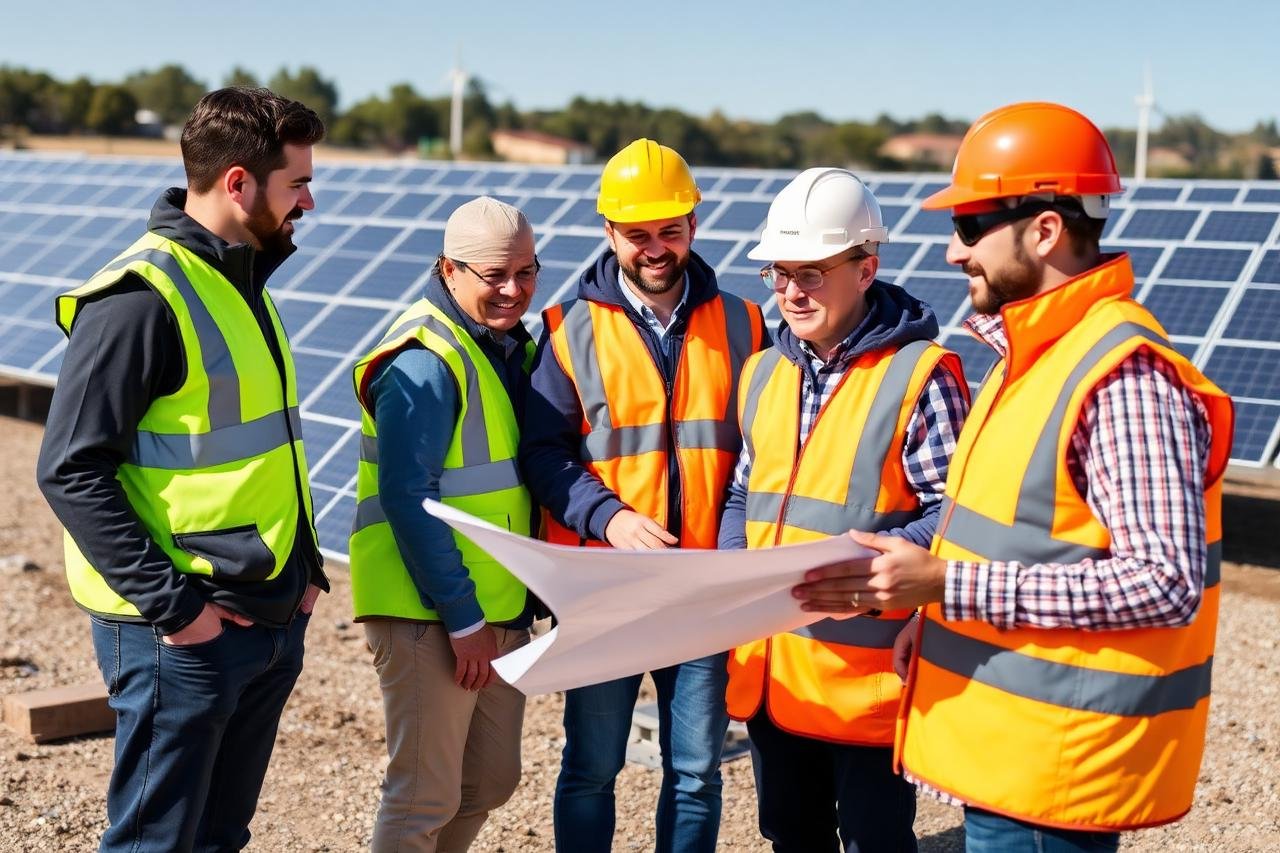 Nexif Energy engineers reviewing plans at a solar power plant